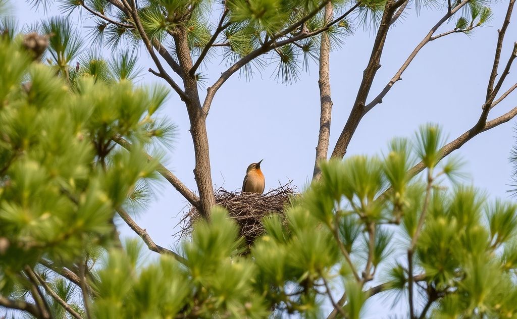 A bird selecting a safe spot among trees for its nest.