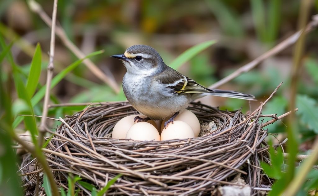 A bird sitting on a nest of eggs in a natural setting.