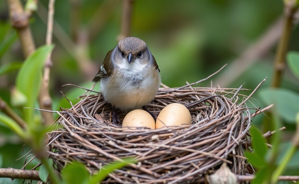 A bird sitting on its nest with eggs in a natural setting.