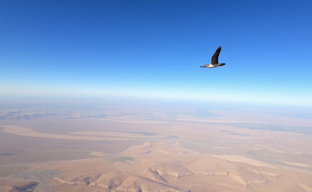 A bird soaring high above a vast landscape against a clear blue sky.
