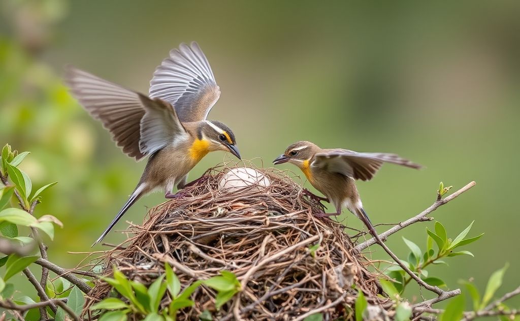 A bird stealing a nest from another bird in a natural setting.