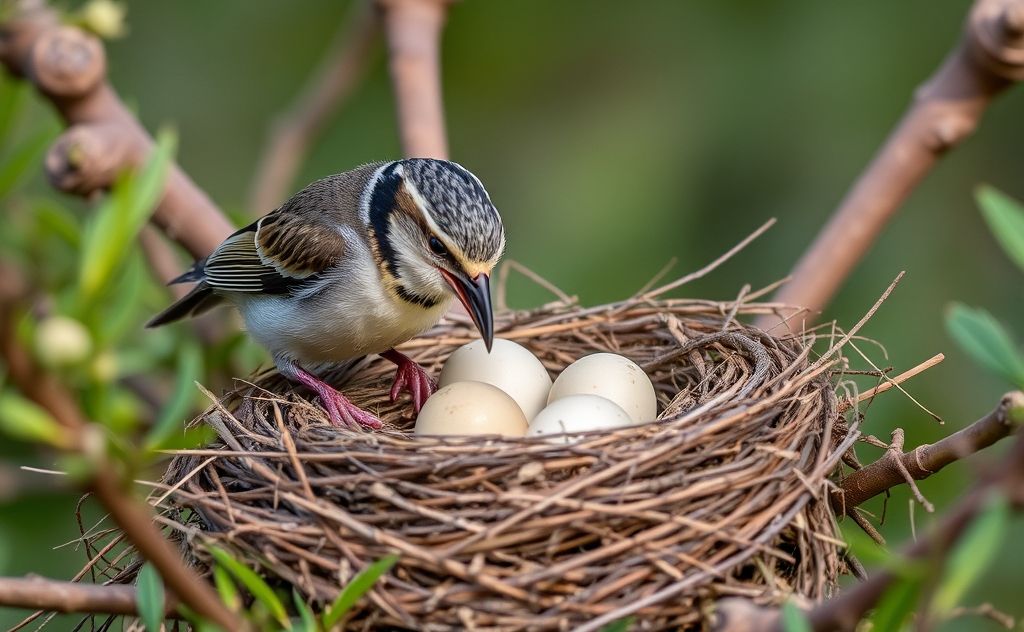 A bird stealing eggs from a nest in a natural setting.