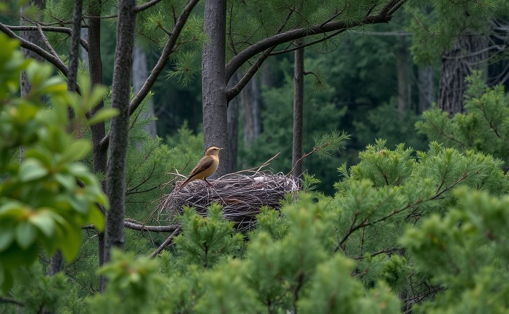 A bird stealthily approaching a nest in a dense forest.