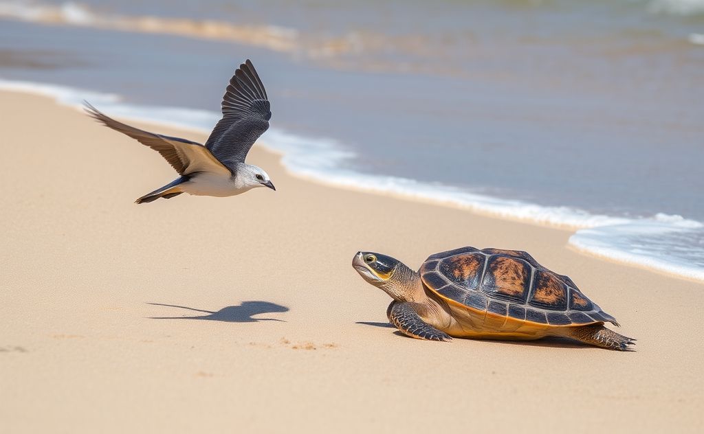 A bird swooping down towards a turtle on a sandy beach.