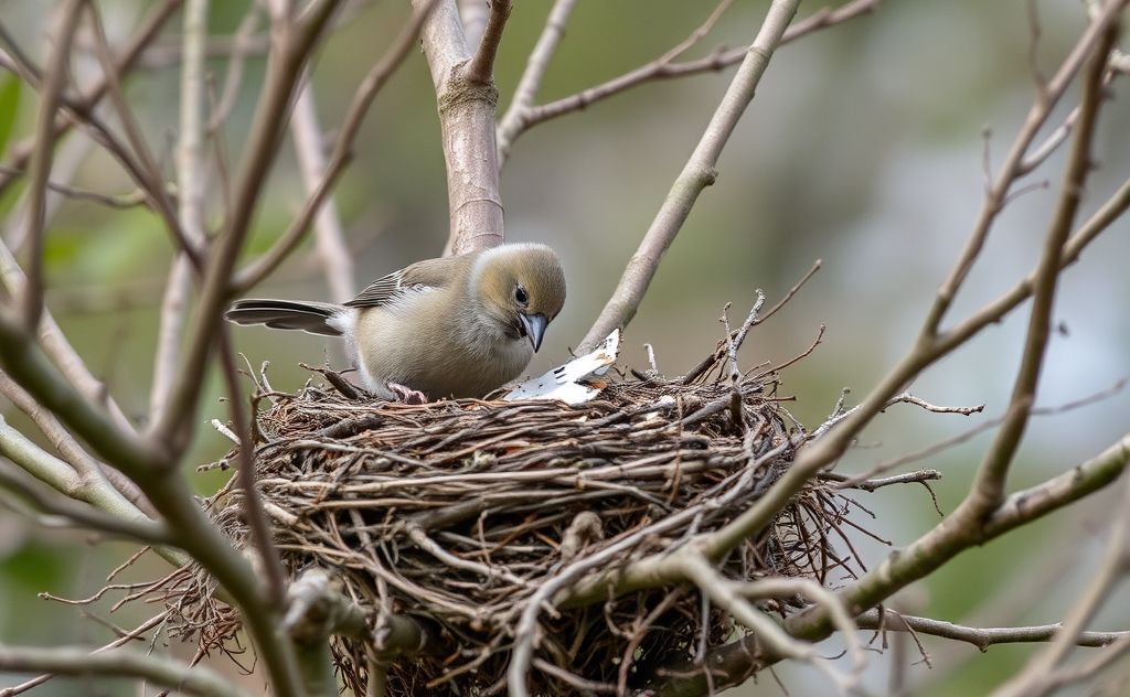 A bird tearing apart its old nest among tree branches.