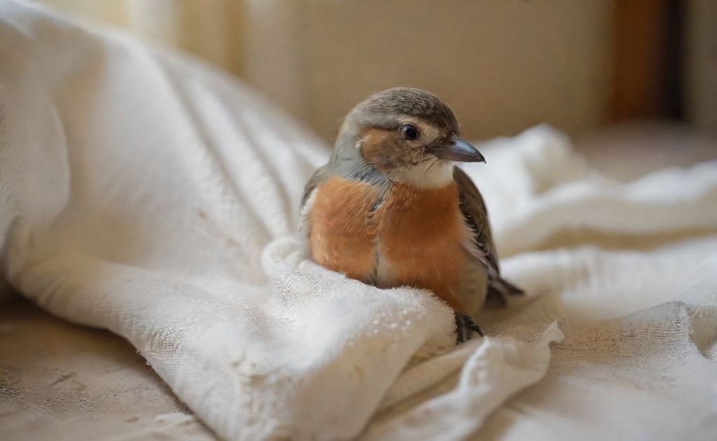 A bird with a broken leg resting on a soft cloth in a caring setting