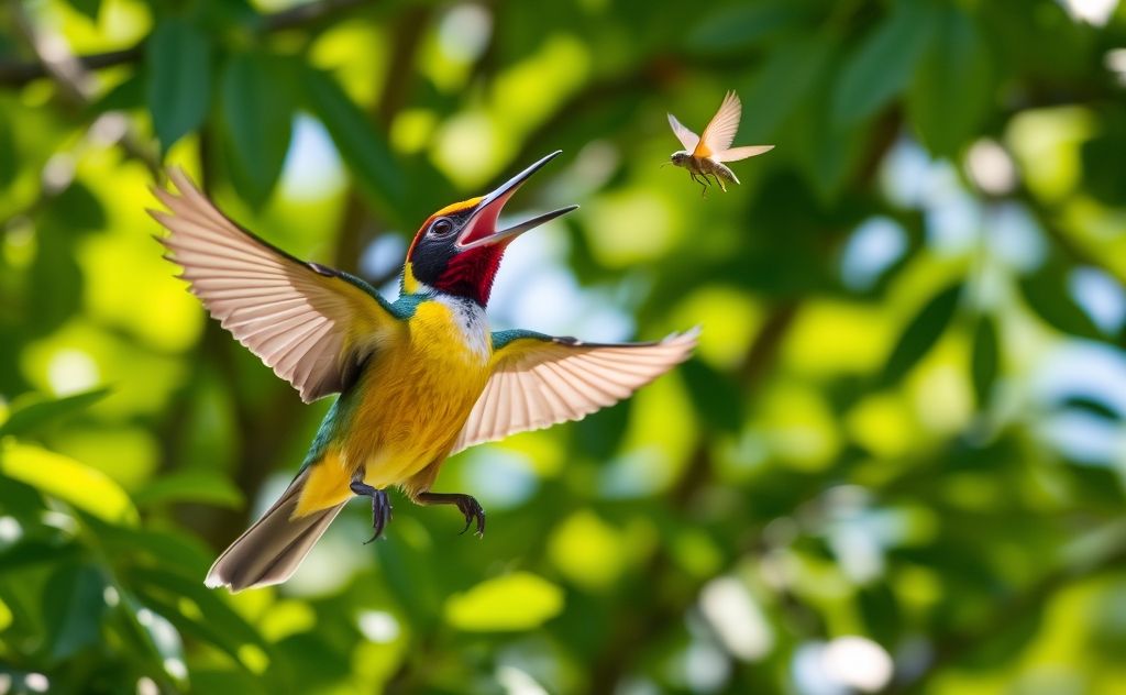A bird with its mouth open, ready to catch insects in flight.
