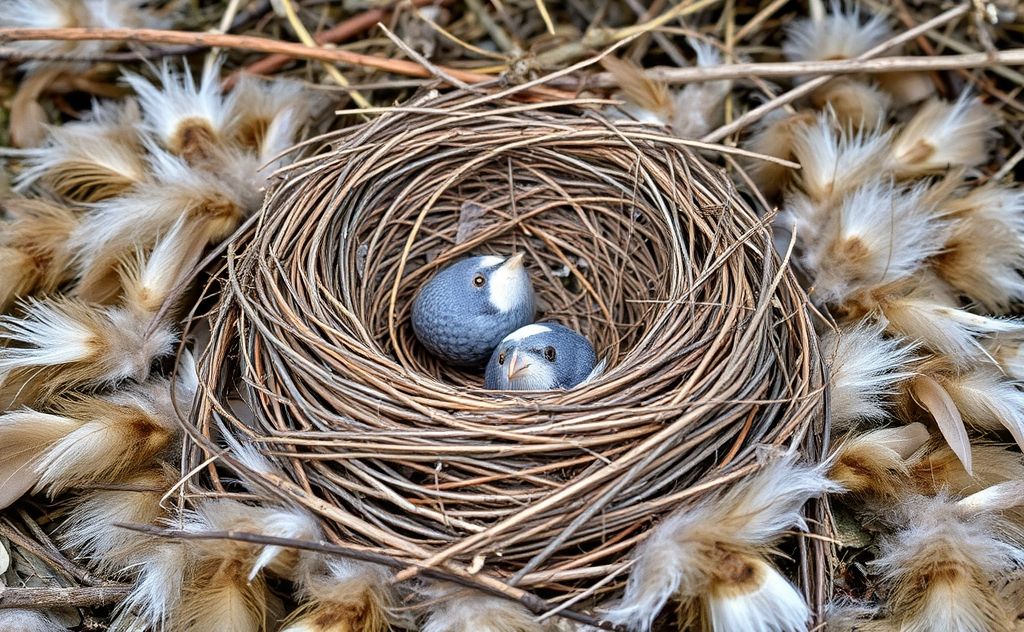 A bird's empty nest surrounded by fallen feathers and twigs.