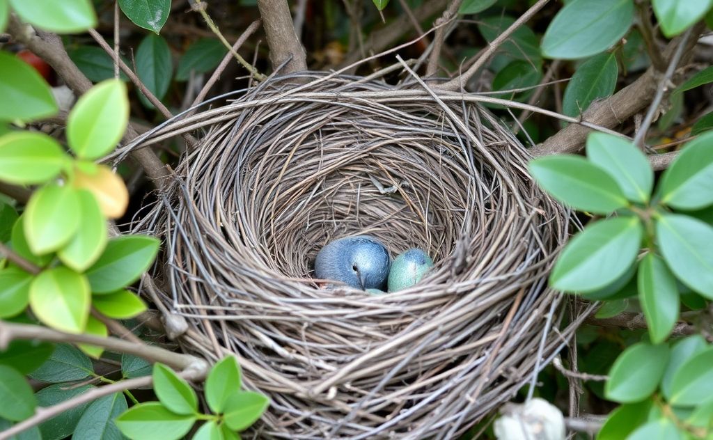 A bird's empty nest surrounded by natural foliage and twigs.