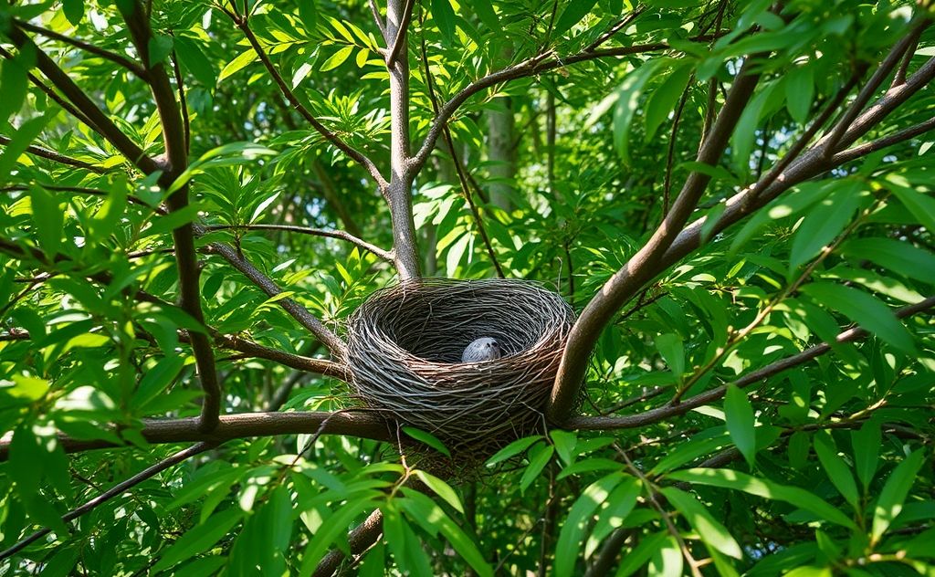 A bird's empty nest surrounded by trees and nature.
