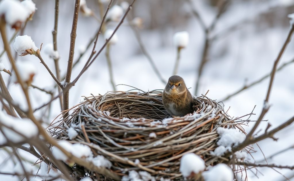A bird's empty nest surrounded by winter scenery.