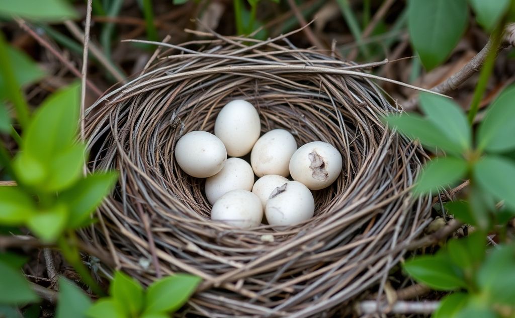 A bird's empty nest with unhatched eggs surrounded by nature.