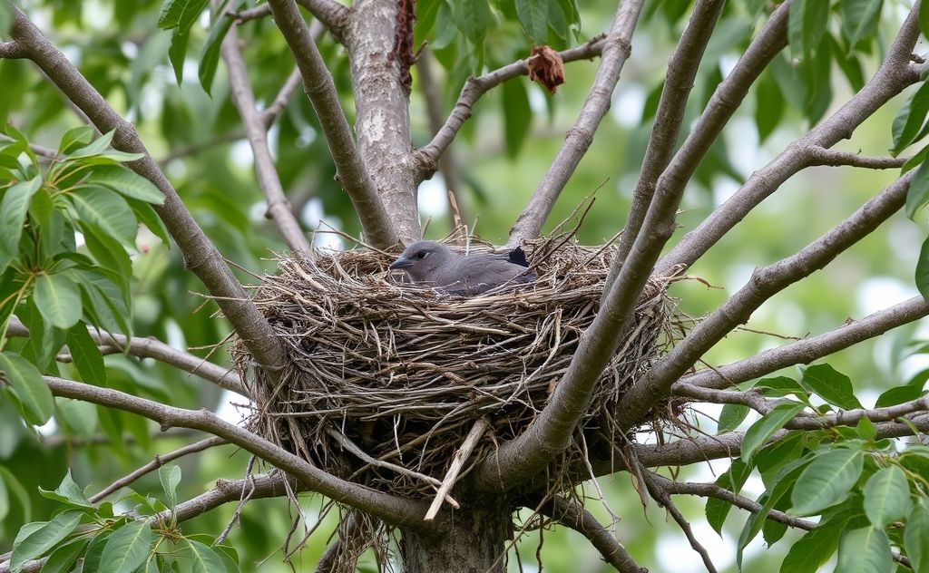 A bird's nest in a tree with evidence of destruction surrounding it.