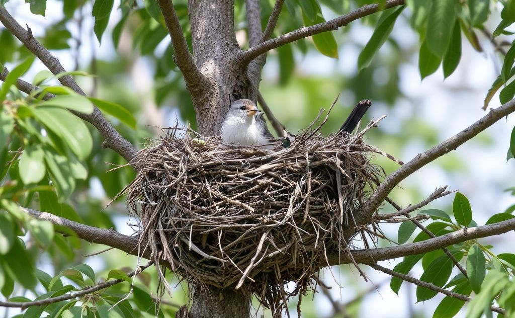 A bird's nest in a tree, partially destroyed by natural elements.