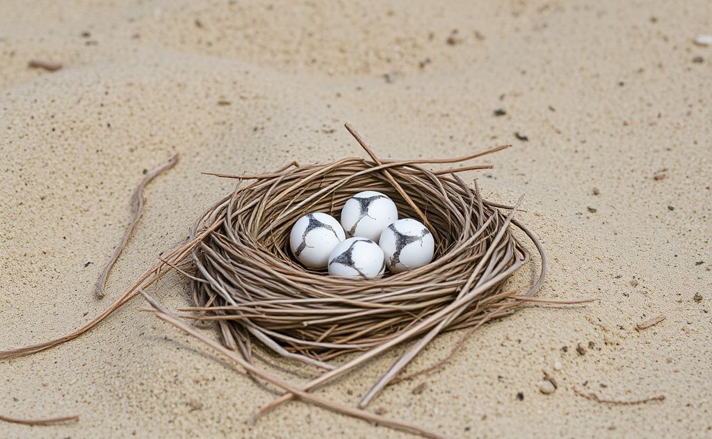 A bird's nest in sandy terrain with eggs nestled inside.