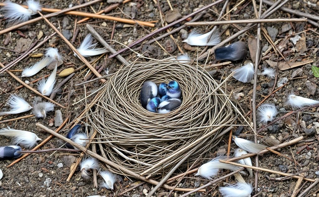 A bird's nest on the ground surrounded by scattered twigs and feathers.