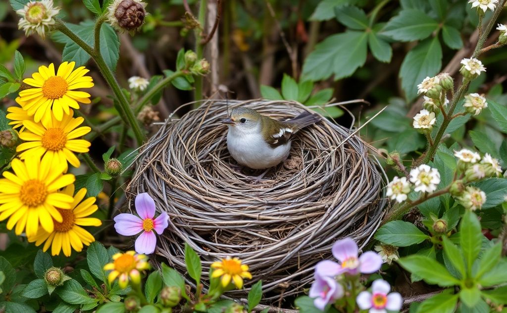 A bird's nest surrounded by seasonal flowers and changing foliage.