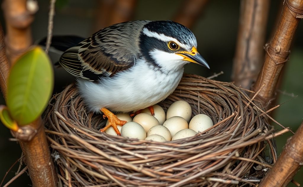A bird's nest with a larger bird pushing out smaller eggs.