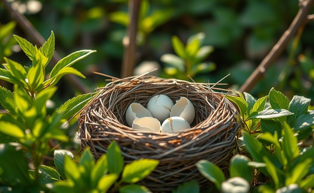 A bird's nest with broken eggs surrounded by a natural setting.