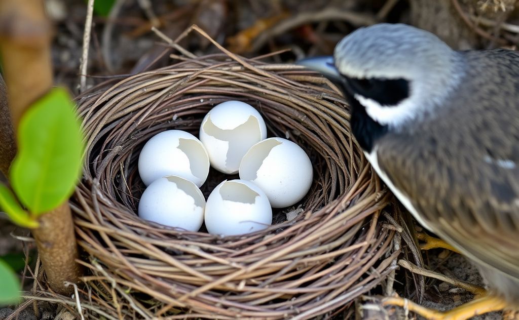 A bird's nest with cracked eggs and a concerned parent bird nearby.