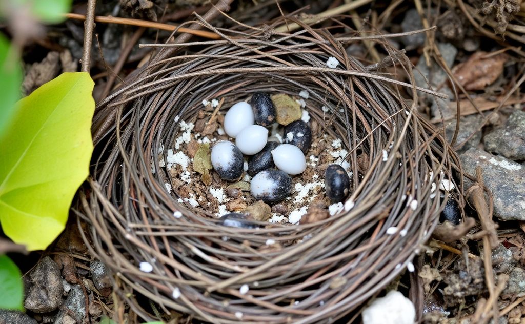 A bird's nest with droppings and surrounding natural elements.