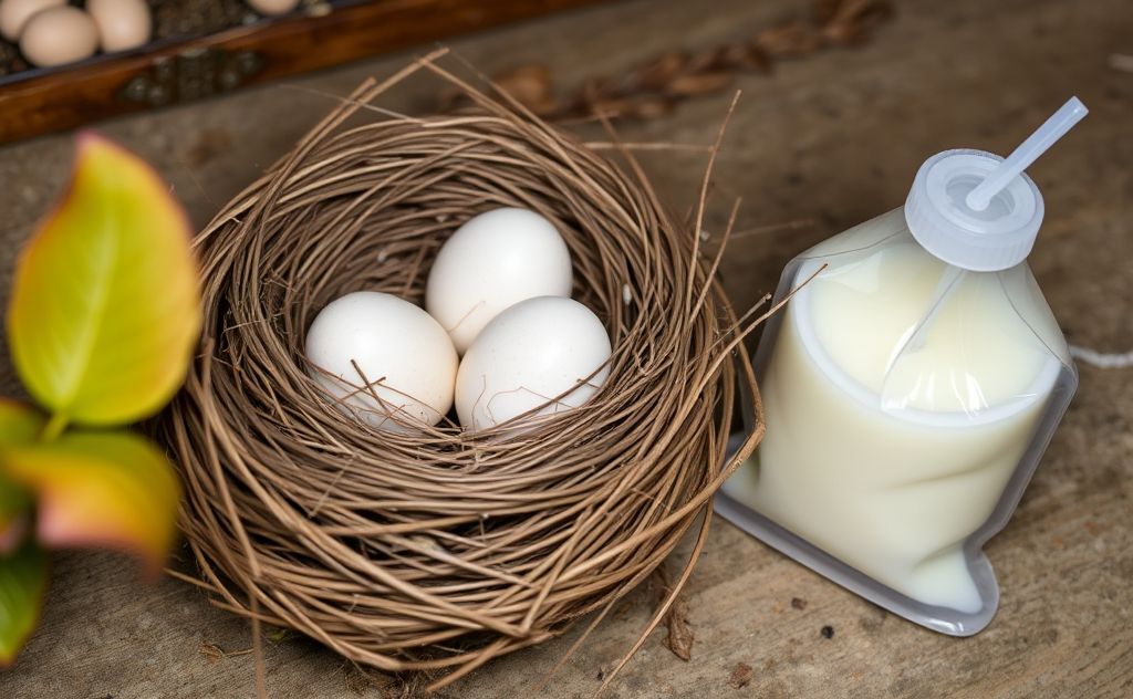 A bird's nest with eggs and a milk pouch nearby.