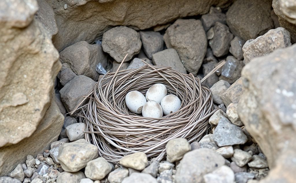 A bird's nest with eggs nestled among rocky terrain.