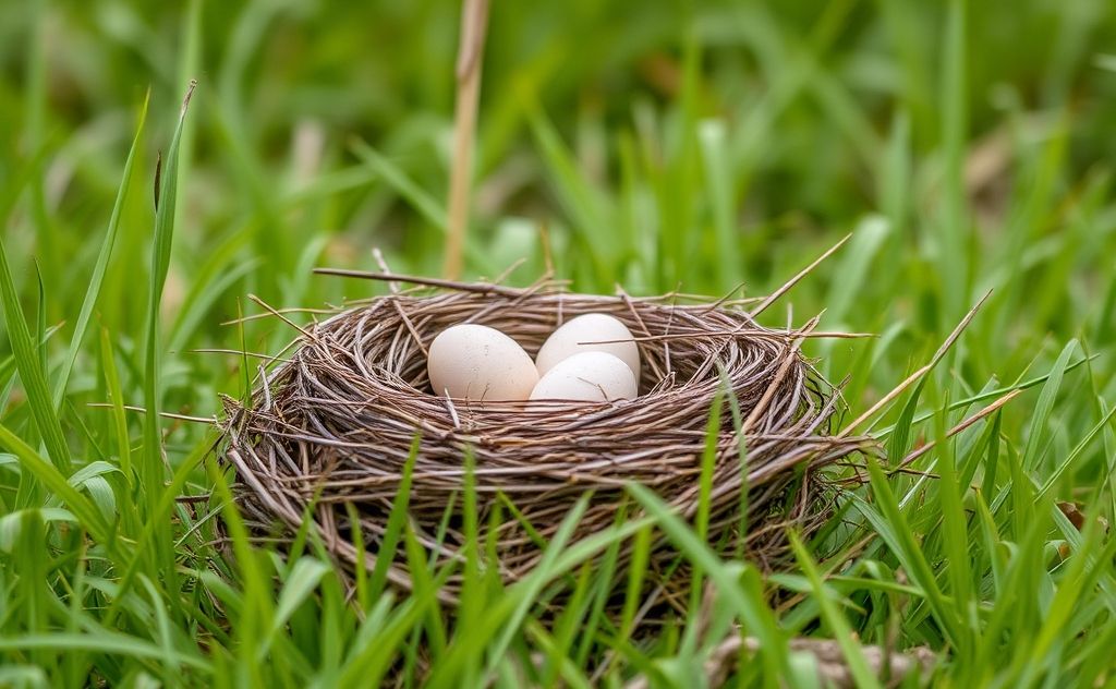 A bird's nest with eggs nestled in a grassy field.