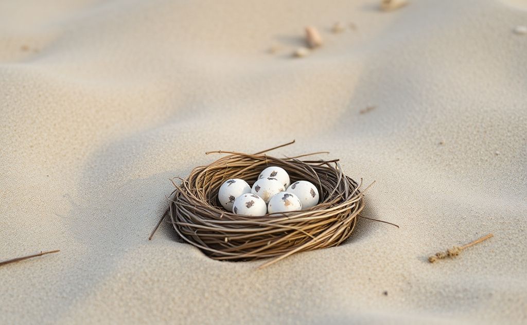 A bird's nest with eggs nestled in sandy beach dunes.