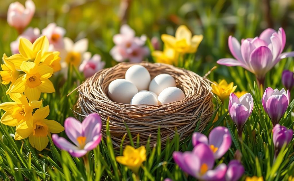 A bird's nest with eggs surrounded by blooming spring flowers.