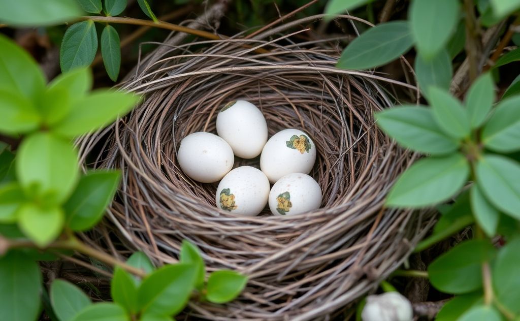 A bird's nest with eggs surrounded by natural foliage.