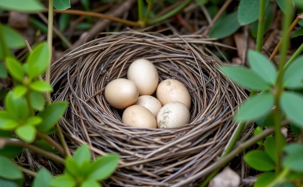 A bird's nest with eggs surrounded by nature.