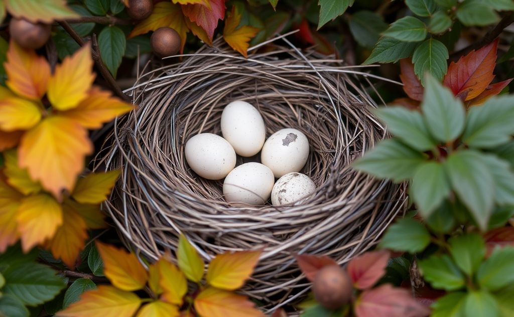 A bird's nest with eggs surrounded by seasonal foliage.