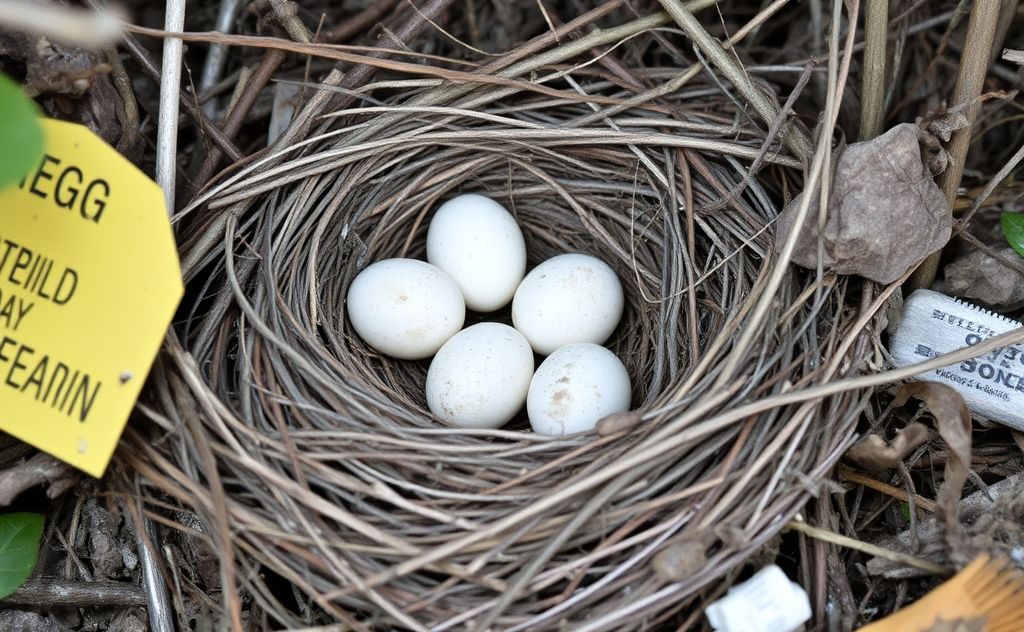 A bird's nest with eggs surrounded by signs of disturbance.