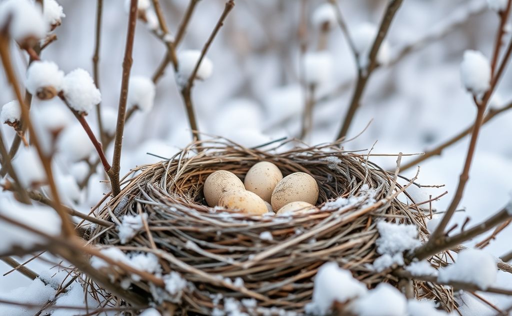 A bird's nest with eggs surrounded by winter scenery.