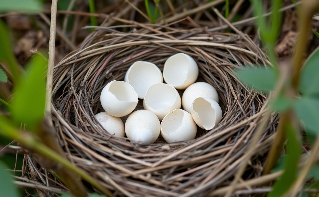 A bird's nest with empty eggshells in a natural habitat.