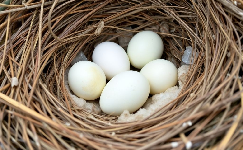 A bird's nest with freshly laid eggs and soft nesting materials.