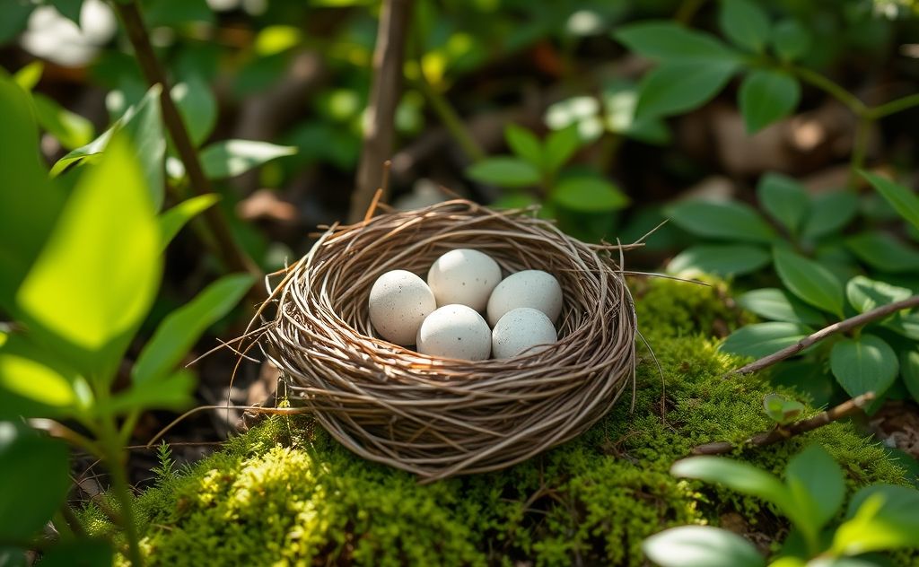 A bird's nest with unguarded eggs resting in natural surroundings