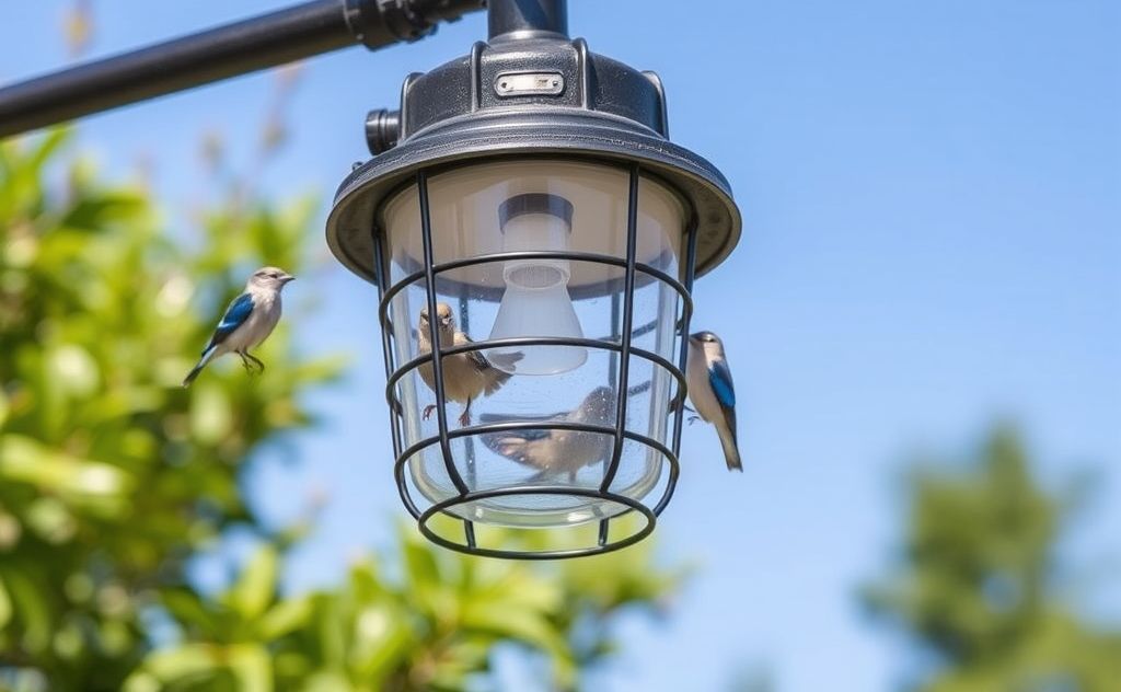 A bird-proof light fixture designed to keep birds away.