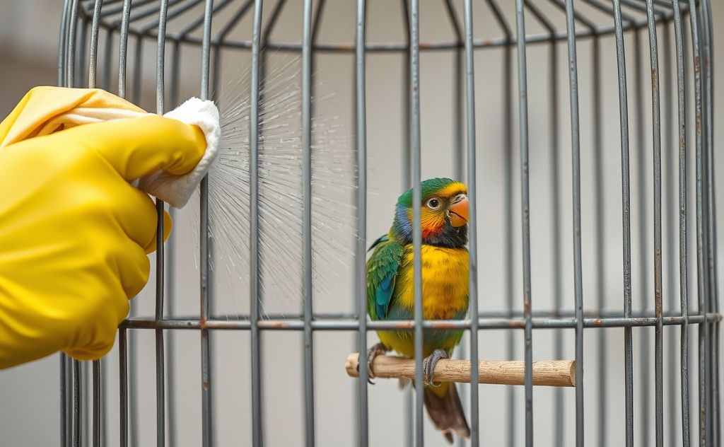 A birdcage being cleaned with a colorful bird perched inside.