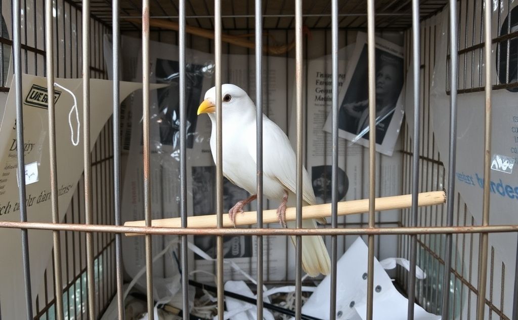 A birdcage lined with unsuitable materials like plastic and newspaper.
