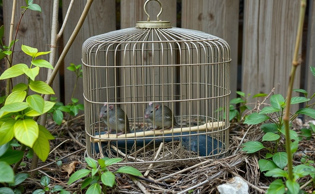 A birdcage surrounded by natural deterrents for rats.