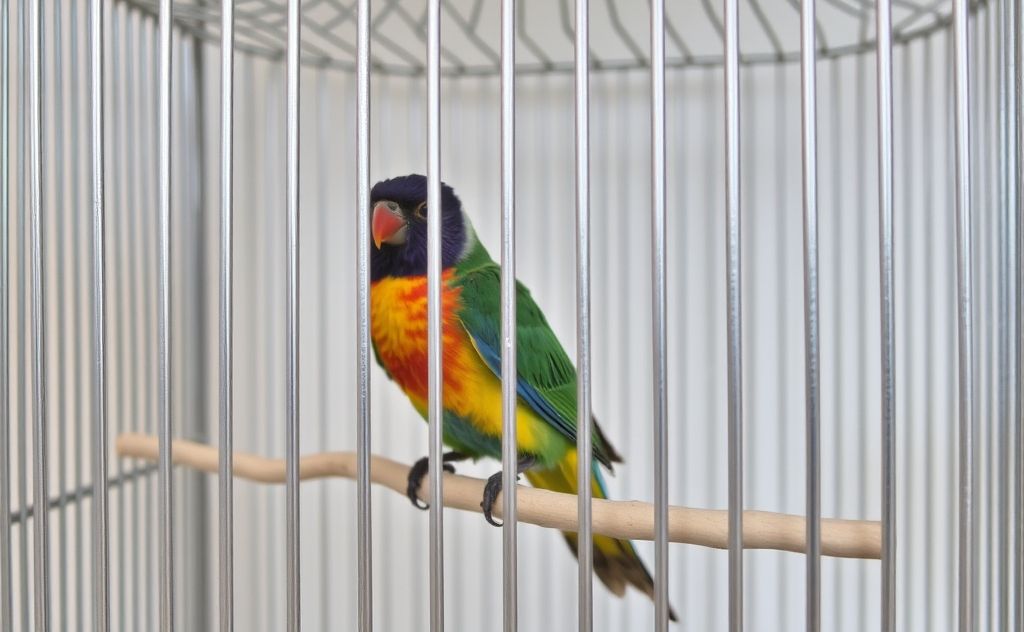 A birdcage with a colorful bird perched on a clean, shiny surface.