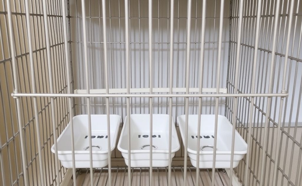 A birdcage with empty replacement trays at the bottom.