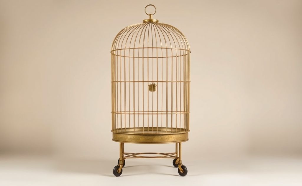 A birdcage with wheels attached, set against a simple background.