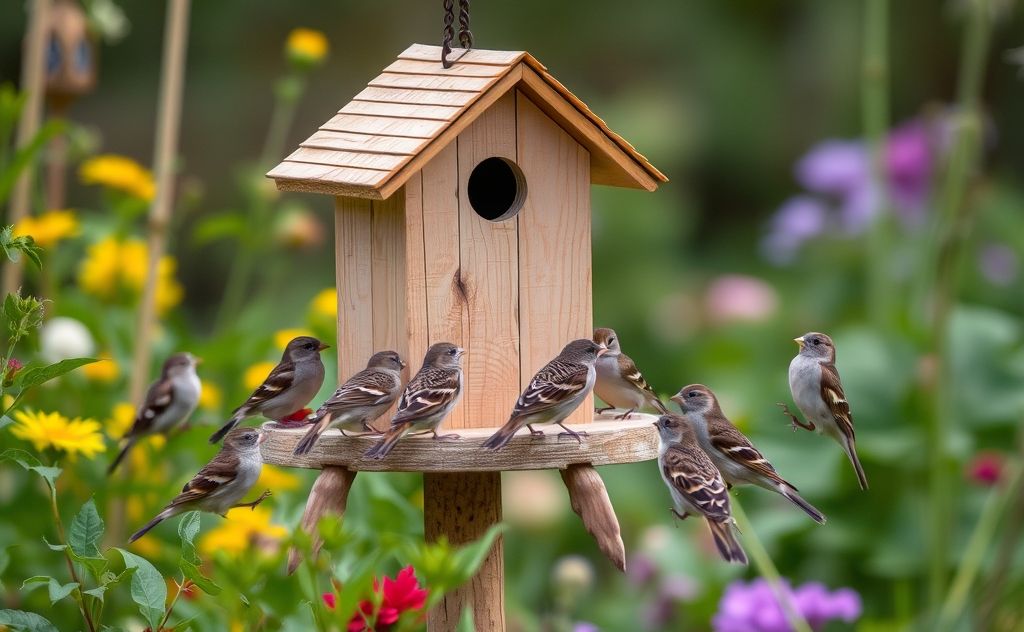 A birdhouse surrounded by sparrows in a garden setting.