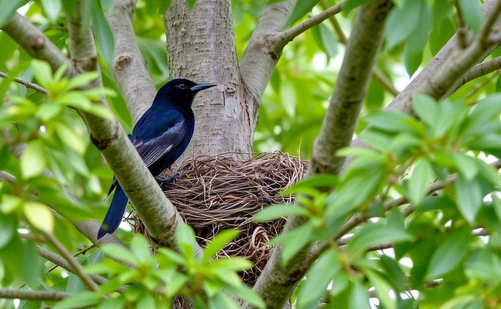 A blackbird perched near a nest in a tree surrounded by greenery.