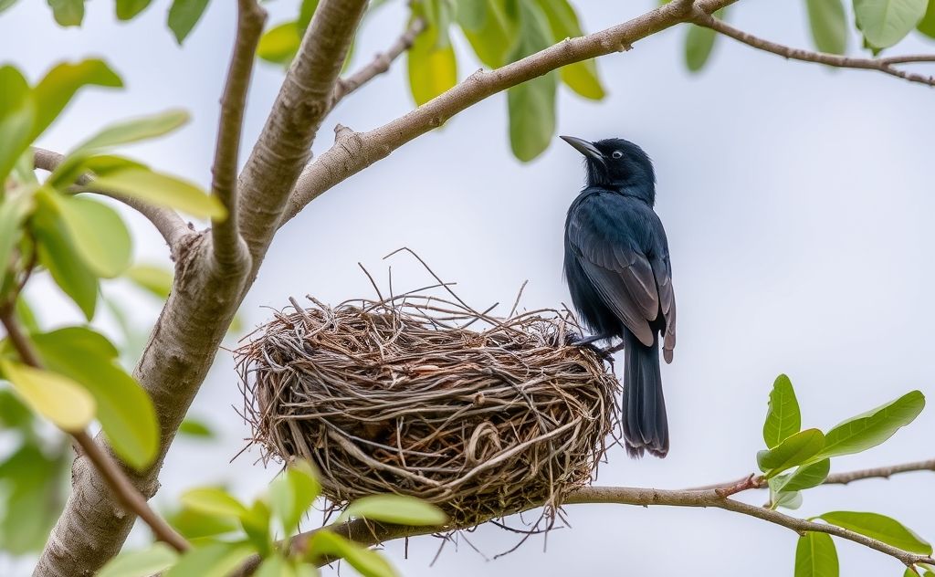 A blackbird perched near an empty nest in a tree.