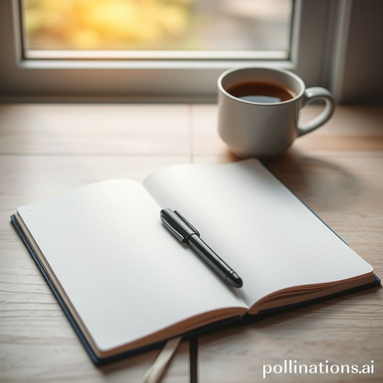 A blank notebook with an open page, nearby a pen, and a cup of coffee—representing the start of a new idea or challenge. Soft morning light coming through a window.