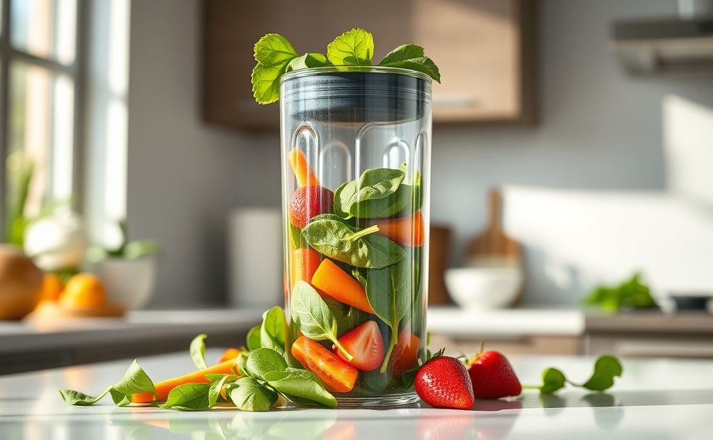 A blender jar filled with fresh ingredients, not overflowing.